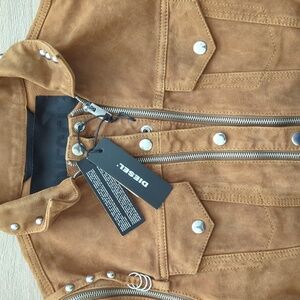 DIESEL L-tahali Convertible Removable Sleeve Suede Trucker Jacket w/ Studs- XS